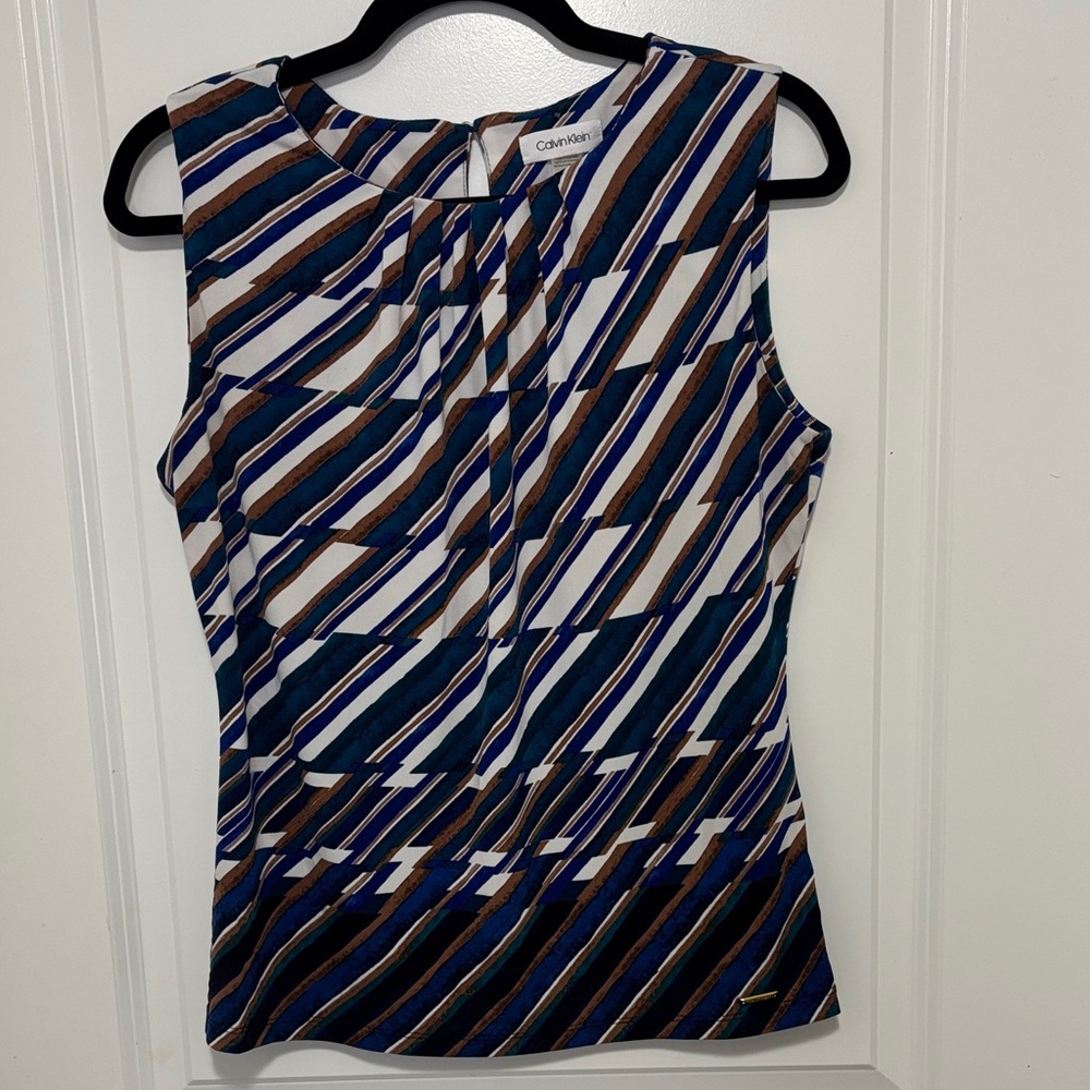 Calvin Klein Navy, Brown & White Diagonal Stripe Sleeveless Camisole Top